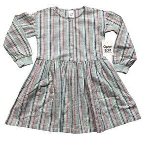 Open Edit Girls New Green Striped Long Sleeve Dress Size 4 Years